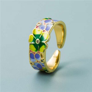 Colorful Oil-spot Glaze Wide Version Gold Plated Copper Women Ring - Flower