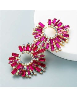 U.S. Bold Fashion Sun Flower Design Glistening Rhinestone Evening Earrings - Rose