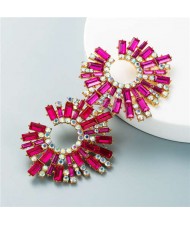 U.S. Bold Fashion Sun Flower Design Glistening Rhinestone Evening Earrings - Rose