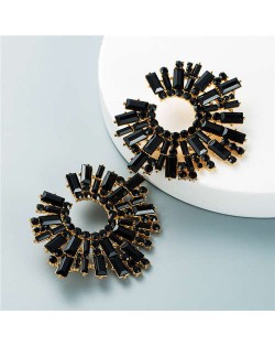 U.S. Bold Fashion Sun Flower Design Glistening Rhinestone Evening Earrings - Black