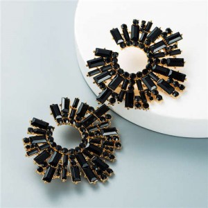 U.S. Bold Fashion Sun Flower Design Glistening Rhinestone Evening Earrings - Black