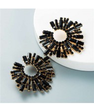 U.S. Bold Fashion Sun Flower Design Glistening Rhinestone Evening Earrings - Black