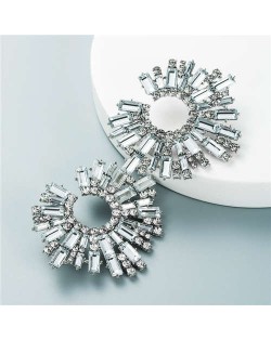 U.S. Bold Fashion Sun Flower Design Glistening Rhinestone Evening Earrings - White