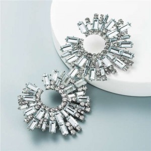 U.S. Bold Fashion Sun Flower Design Glistening Rhinestone Evening Earrings - White