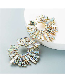 U.S. Bold Fashion Sun Flower Design Glistening Rhinestone Evening Earrings - Luminous White