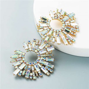 U.S. Bold Fashion Sun Flower Design Glistening Rhinestone Evening Earrings - Luminous White