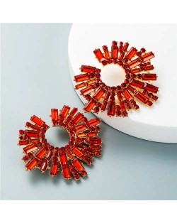 U.S. Bold Fashion Sun Flower Design Glistening Rhinestone Evening Earrings - Red