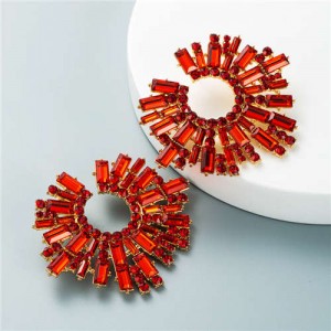 U.S. Bold Fashion Sun Flower Design Glistening Rhinestone Evening Earrings - Red