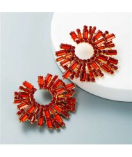 U.S. Bold Fashion Sun Flower Design Glistening Rhinestone Evening Earrings - Red