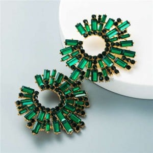 U.S. Bold Fashion Sun Flower Design Glistening Rhinestone Evening Earrings - Green