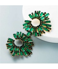 U.S. Bold Fashion Sun Flower Design Glistening Rhinestone Evening Earrings - Green