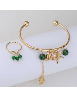 Ocean Elements with Grean Beads Design Fashionable Ring and Bracelet Set