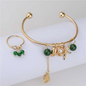 Ocean Elements with Grean Beads Design Fashionable Ring and Bracelet Set