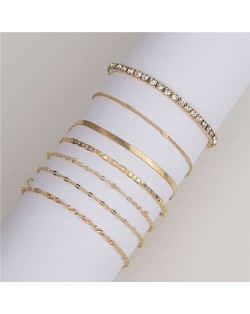Shining Rhinestone Emebllished Golden Slim Design 7pcs High Fashion Bracelets Set