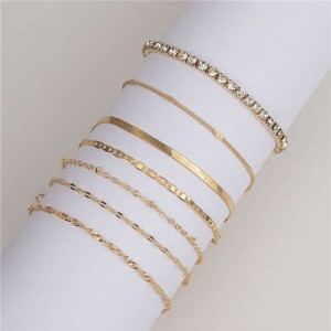 Shining Rhinestone Emebllished Golden Slim Design 7pcs High Fashion Bracelets Set