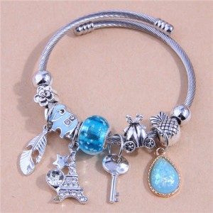 Feather and Key Blue Fashionable Elements Pendeants Women Friendship Bracelet