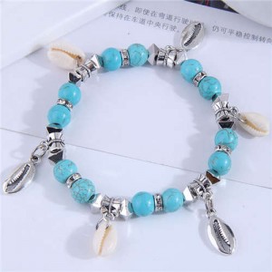 Turquoise Beads Seashell Theme Women Friendship Bracelet - Blue