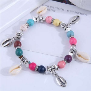 Turquoise Beads Seashell Theme Women Friendship Bracelet - Multicolor