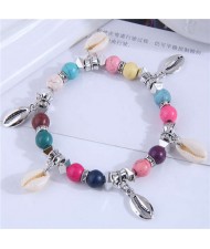 Turquoise Beads Seashell Theme Women Friendship Bracelet - Multicolor