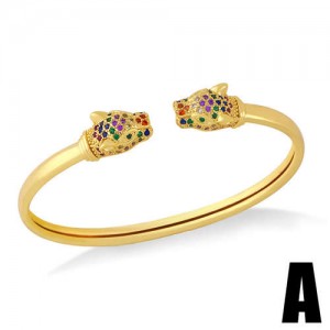 Colorful Lion Head Design Open Style 18K Golden Bangle