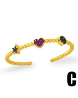 Star and Heart Design Open Style 18K Gold Plated Women Bangle