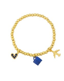 Coffee Cup and Flight Charms Design 18K Gold Plated Beads Fashion Women Wholesale Bracelet - Blue