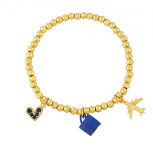 Coffee Cup and Flight Charms Design 18K Gold Plated Beads Fashion Women Wholesale Bracelet - Blue