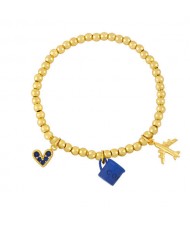 Coffee Cup and Flight Charms Design 18K Gold Plated Beads Fashion Women Wholesale Bracelet - Blue