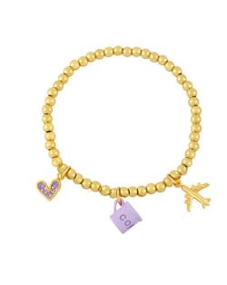Coffee Cup and Flight Charms Design 18K Gold Plated Beads Fashion Women Wholesale Bracelet - Purple