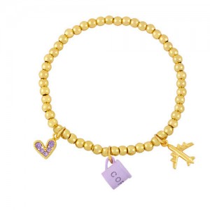 Coffee Cup and Flight Charms Design 18K Gold Plated Beads Fashion Women Wholesale Bracelet - Purple