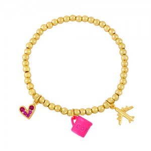 Coffee Cup and Flight Charms Design 18K Gold Plated Beads Fashion Women Wholesale Bracelet - Rose