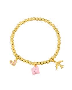 Coffee Cup and Flight Charms Design 18K Gold Plated Beads Fashion Women Wholesale Bracelet - Pink