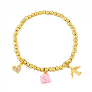 Coffee Cup and Flight Charms Design 18K Gold Plated Beads Fashion Women Wholesale Bracelet - Pink