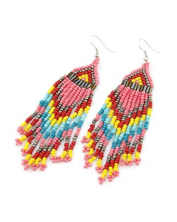 Bohemian Beads Tassels Style Dangling Earrings - Pink