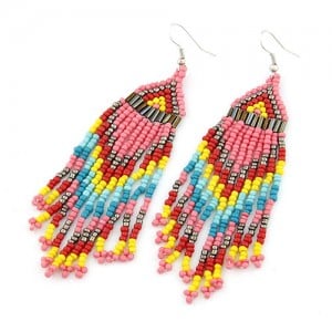 Bohemian Beads Tassels Style Dangling Earrings - Pink