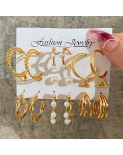 Pearl and Crystal Embellished French Fashion 6pcs Graceful Golden Earrings Set