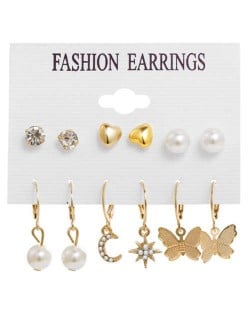 Moon and Star Pearl Fashion Butterfly 6pcs Dangle and Stud Earrings Set