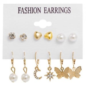 Moon and Star Pearl Fashion Butterfly 6pcs Dangle and Stud Earrings Set