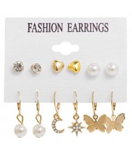 Moon and Star Pearl Fashion Butterfly 6pcs Dangle and Stud Earrings Set