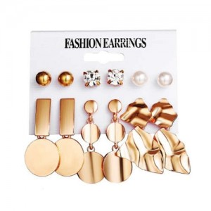 Golden Leaves and Rounds Combo Design U.S. High Fashion Women Costume Earrings Set
