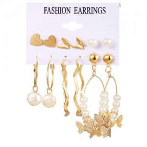 Butterfly Theme Pearl Fashion Vintage French Style Golden Women Earrings Set