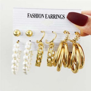 Chain and Hoops Design Pearl Fashion Women Costume Earrings Set