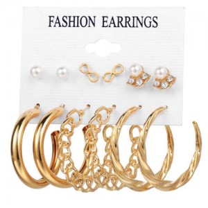 Golden Chain Hoop Design Metallic Fashion 6pcs Women Costume Earrings Set