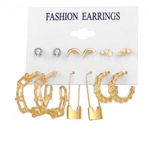 Pin and Hoop Combo Design Golden Fashion Women Earrings Set