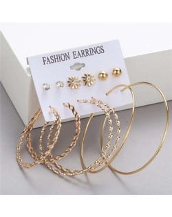 Spiral Pattern Hoops and Stud Combo High Fashion Women Golden Earrings Set