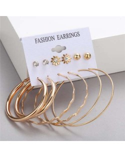 Glossy Hoops and Stud Design Golden Fashion Women Earrings Set