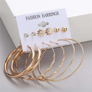 Glossy Hoops and Stud Design Golden Fashion Women Earrings Set
