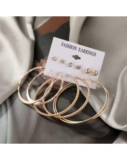 Braids Pattern Golden Big Hoops and Stud Combo Design Women Wholesale Earrings Set