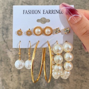Big Assorted Pearl Hoop Golden High Fashion Women Earrings Set
