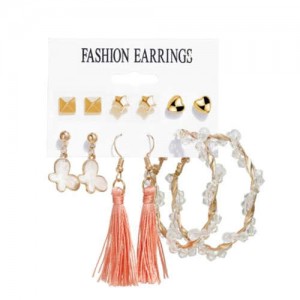 Orange Tassel and Hoop Design Cute Women Bohemian Fashion Earrings Set